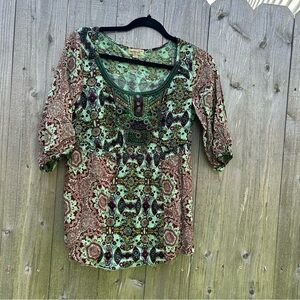 One World Women’s Petite Small Fairy Boho Printed 3/4 Sleeve Peasant Blouse‎